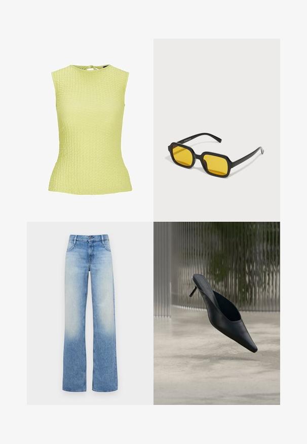 Lichtgele mouwloze top met een textuurpatroon, aansluitend design en een strikdetail aan de achterkant van de nek.; Lichtblauwe hoge taille wijde jeans met een vervaagd uiterlijk. Beschikt over vijf zakken en een knoopsluiting aan de tailleband.; Zwarte mule met puntige neus en dunne hoge hak, die boven een gladde betonnen vloer zweeft, met een wazige verticale gestreepte achtergrond.; Zwarte rechthoekige zonnebril met gele lenzen. Kenmerken zijn onder andere dikke monturen en een hoekig ontwerp met een gladde, glanzende afwerking.