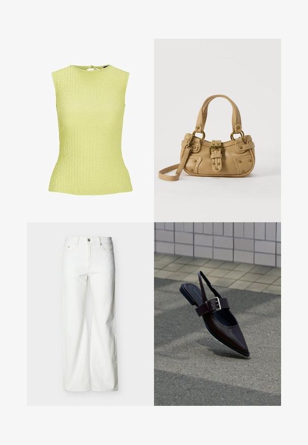 Lys gul ærmeløs top med et struktureret mønster, tætsiddende design og en snøre-detail ved nakkens bagside.; Hvide jeans med høj talje og lige ben, med forreste knap, lynlåslukning samt sidelommer og baglommer, mod en ensartet lys baggrund.; Mørkebrune flade slingback-sko med spids tå, bred rem og stor sølvspænde på asfalt nær flisebelagt væg.; Beige læderhåndtaske med dobbelte håndtag, messing spænde og nitte detaljer samt en justerbar skulderrem mod en hvid baggrund.