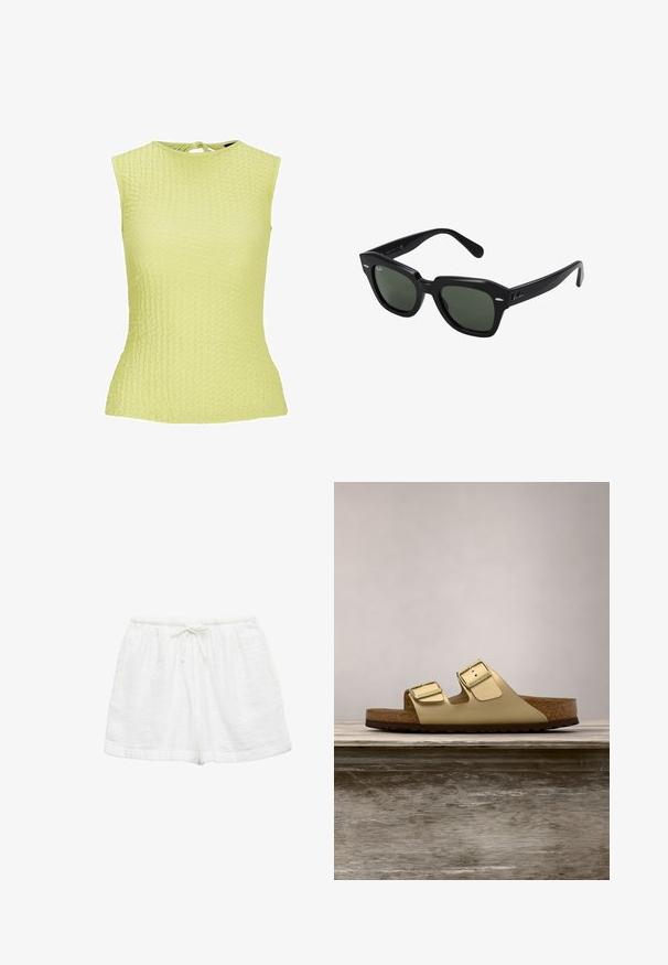 Top sin mangas de color amarillo claro con un patrón texturizado, diseño ajustado y un detalle de lazo en la parte posterior del cuello.; Pantalones cortos de rizo blanco con cintura elástica y cordón ajustable.; Sandalias de cuero vegano doradas con dos correas ajustables, plantilla de corcho y suela de goma oscura. Textura suave con acabado metálico.; Gafas de sol cuadradas negras con lentes verde oscuro, con montura audaz y acentos plateados en los laterales. Fabricadas en Italia.