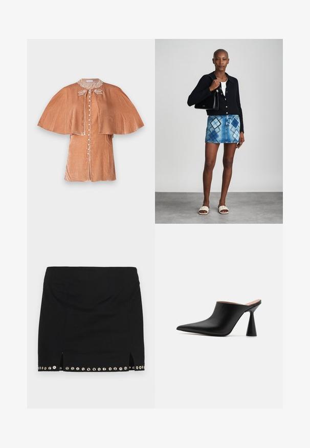 Rabanne Bluse - pink; Ludovic de Saint Sernin LISETTE - Minirock - black; Schwarze Leder-Mules mit spitzem Zehenbereich und einzigartigem kegelförmigem Absatz. Glatte Textur und minimalistisches Design, offener Rücken für einfaches Anziehen.; Schwarze Strickjacke, weißes Oberteil, Jeansrock mit blauem und schwarzem Diamantenmuster, schwarze Handtasche und beige Rutschsandalen.