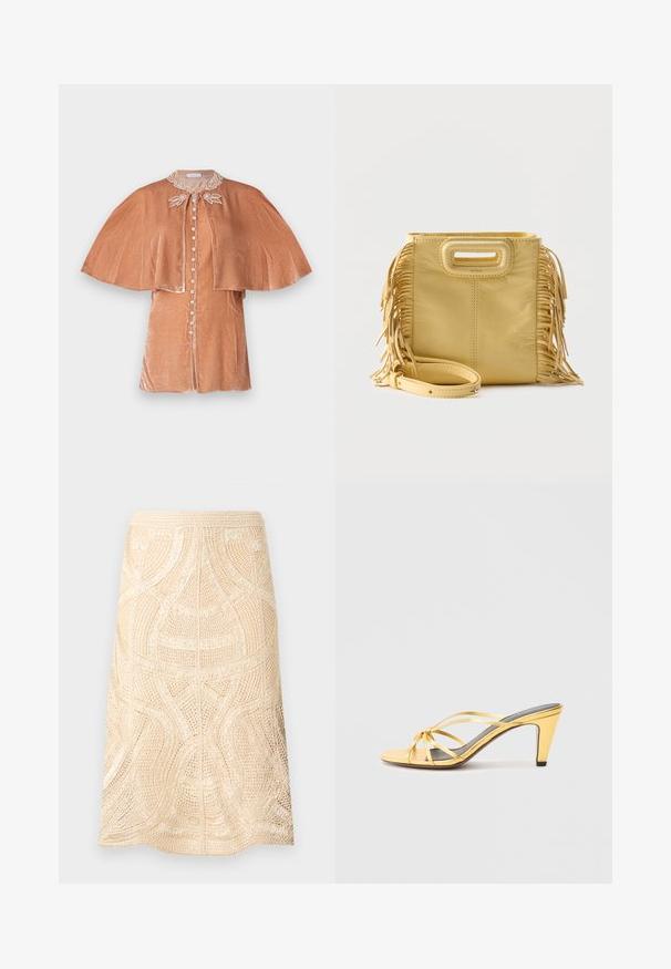 Rabanne Blusa - pink; Falda beige de crochet hasta la rodilla con patrones intrincados geométricos y ondulados, con una cintura ajustada y costura trasera sin costuras.; Sandalia de tacón alto metálica amarilla con correas cruzadas, dedo abierto y tacón afilado. Plantilla texturizada en gris.; Bolso de mano de cuero amarillo con detalles de flecos en los lados, asa con corte rectangular y correa de hombro desmontable colocados delante.