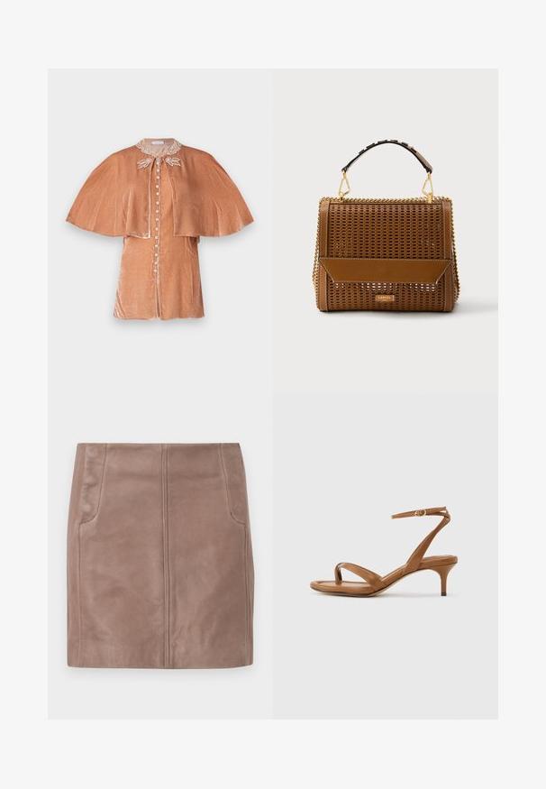 Rabanne Blouse - pink; Korte bruine leren minirok met voornaaddetails en zijzakken, plat gelegd op een witte achtergrond.; Bruine leren sandaal met bandjes, een lage kittenhak en een enkelriempje met een kleine gesp, zijaanzicht tegen een effen achtergrond.; Bruine gevlochten leren handtas met gouden kettingranden, leren handvat, voorklep en "Lancel Paris" logo plaatje.