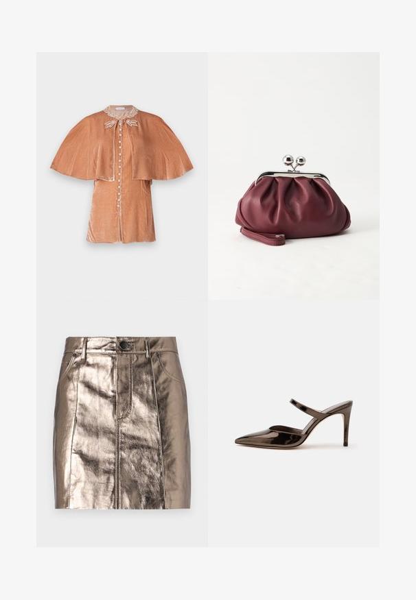 Rabanne Blouse - pink; Mini jupe en denim bronze métallisé avec une coupe droite, poches avant et une taille avec fermeture à bouton. Texture lisse et brillante.; Mule à talon haut marron foncé brillant à bout pointu avec une fine bride sur le coup de pied sur fond blanc uni.; Petit sac pochette en cuir bordeaux avec fermoir métallique argenté et bracelet sur fond blanc.