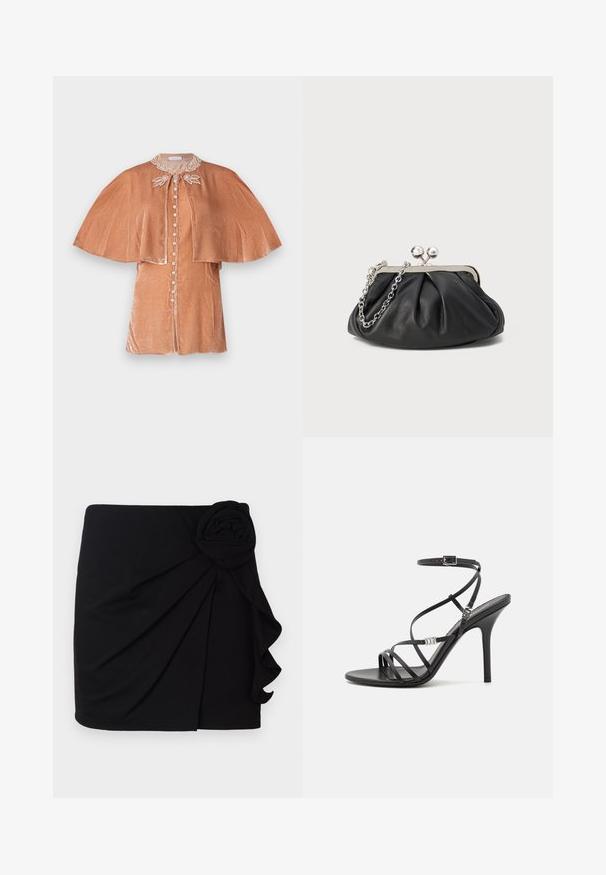 Rabanne Blouse - pink; Jupe mini noire en tissu doux avec un design plissé. Présente un accent en forme de rose en tissu sur le côté et un ourlet à volants.; Sandale noire à talons hauts avec des brides fines, une boucle à la cheville, une surface en cuir lisse et un talon aiguille élancé.; Porte-monnaie en cuir noir avec texture froncée, cadre en métal argenté, fermeture à verrouillage kiss-lock et bandoulière en chaîne. Surface lisse et douce.