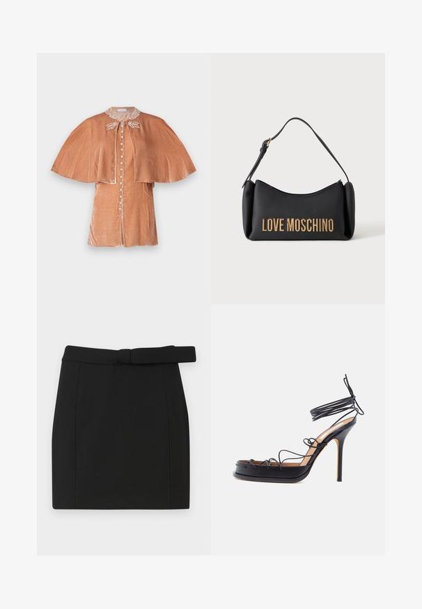 Rabanne Blusa - pink; Mini falda negra hecha de tejido suave, con un cinturón en la cintura, corte recto y costuras limpias sin patrones ni adornos adicionales.; Sandalia negra de tacón alto con finas tiras de cuero que envuelven el pie y el tobillo, con un tacón de aguja puntiagudo.; Bolso Moschino negro con letras doradas y correa corta para el hombro sobre fondo blanco.