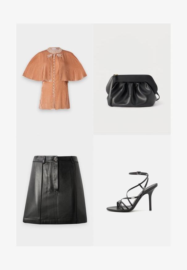 Rabanne Blusa - pink; Falda de cuero negro con una forma estructurada, que cuenta con un bolsillo frontal y un accesorio metálico en la cintura. Textura suave y detalles de costura.; Sándalo negro de tacón alto con tiras finas, hebilla en el tobillo, superficie de cuero suave y tacón de aguja esbelto.; Bolso de mano de cuero negro con estructura rígida, detalles fruncidos y una correa delgada para la muñeca sobre un fondo blanco.