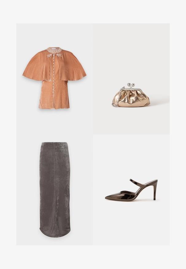 Rabanne Blouse - pink; Grijze, knie-lange rok van een zachte, gestructureerde stof met een subtiele glans. Heeft een rechte snit en een afgeronde zoom.; G glanzende donkerbruine mule met spitsen neus en hoge hak met een smalle band over de wreef op een effen witte achtergrond.; Kleine gouden metallic clutch met zilveren sluiting en kettingriem op een effen lichte achtergrond.
