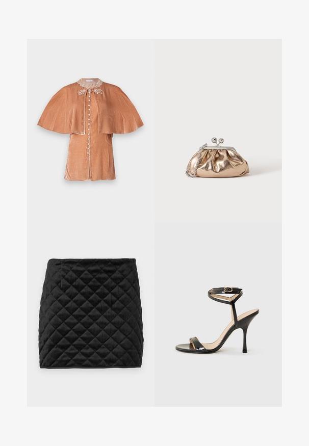 Rabanne Blusa - pink; Falda mini acolchada negra hecha de tejido suave, con un patrón de diamantes, corte recto y un bolsillo lateral oculto.; Sandalia de tacón alto de charol negro con tira delgada en el tobillo y hebilla, punta abierta y tacón aguja esbelto sobre fondo blanco.; Pequeño bolso clutch metálico dorado con cierre plateado y cadena en un fondo claro y liso.