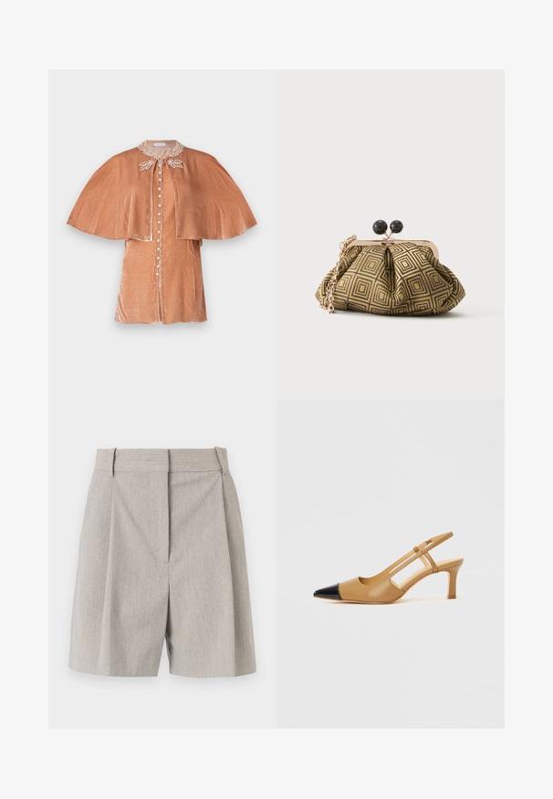 Rabanne Blúzka - pink; By Malene Birger POVILLE - Šortky - grey brown; Béžové lodičky so slingback remienkom, špičkou v čiernej farbe s výrezmi na bokoch a stredne vysokým robustným podpätkom. Vyrobené z hladkej kože.; Malá kabelka s geometrickým zlatým a čiernym vzorom, kovovým rámom v zlatom tóne, čiernym zapínaním v tvare guličky a krátkým zlatým retiazkovým remienkom.