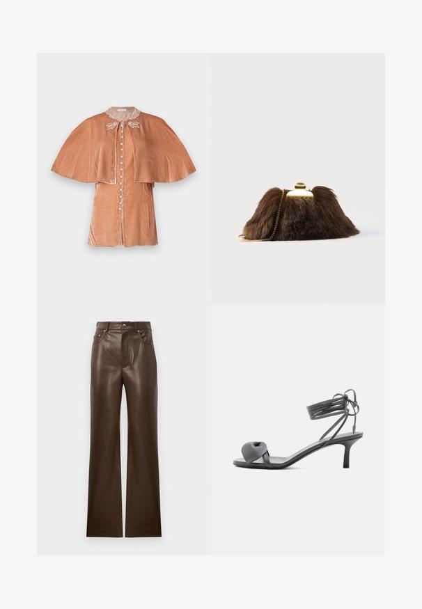 Rabanne Blouse - pink; Bruine leren flared pants met een gladde textuur, vijf zakken, een rits aan de voorkant en een metalen knoopsluiting, met een hoge taille.; Grijze leren sandaal met hak, voorzien van een geknoopte band bij de tenen en wikkellinten rond de enkel op een slanke sandaal met een middenhoge hak, tegen een witte achtergrond.; Bruine clutch van imitatiebont met een goudkleurige sluiting en kettingriem. Zachte textuur, driehoekige vorm en licht pluizig uiterlijk.