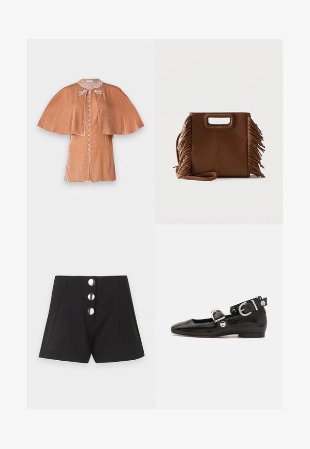 Rabanne Bluse - pink; Sorte højtaljede shorts med tre store sølvknapper ned foran og synlige lodrette sømdetaljer.; Sorte patenteret lædersko med firkantet tå, ankelrem med sølvhardware og flad sål. Glat tekstur med minimalistisk design.; Brun lædertaske med rektangulære udskårne håndtag, lang rem og frynser på begge sider mod en ensfarvet baggrund.