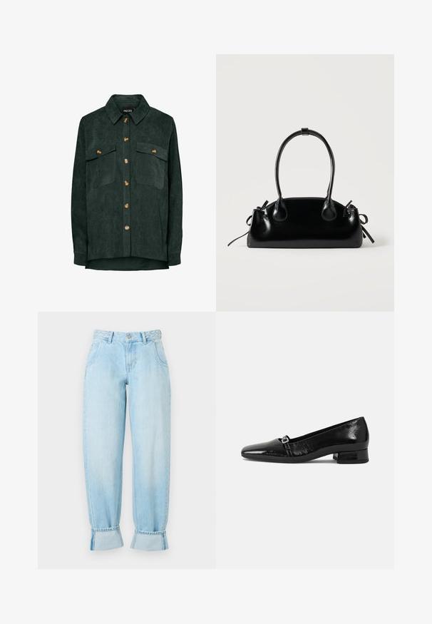 Chemise en velours côtelé vert foncé à manches longues avec col, boutons marron sur le devant et deux poches poitrine à rabats boutonnés.; Jean en denim bleu clair avec une taille haute, détail de ceinture tressée, coupe ample et ourlets roulés au bas. Comprend des poches avant.; Ballet flats en cuir verni noir avec un bout pointu, un petit talon carré et un détail de boucle métallique sur la sangle. Texture lisse.; Petit sac à main noir brillant avec deux longues anses et des détails à cordon sur les côtés sur un fond clair uni.
