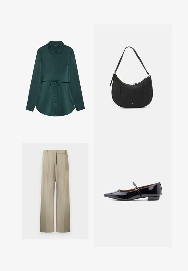 Langærmet skjorte i mørkegrøn satin med krave, knaplukning, justerbar talje og buet kant for en afslappet pasform.; Bredde benbukser i blød beige stof, med en flad front, beltdusk og en glat tekstur. Standard talje med ingen synlige mønstre.; Sorte patenterede læder Mary Jane flade sko med spids tå og lille hæl, udstyret med en justerbar rem med guld spænde.; Sort læderhåndtaske med en buet form, struktureret overflade, forreste syninger og et logo i guldfarve. Har en enkelt justerbar rem.
