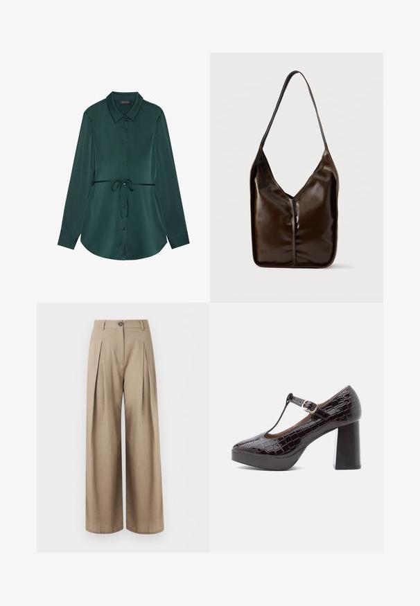 Overhemd met lange mouwen van donkergroen satijn, met een kraag, knoopsluiting, taillekoord en een afgeronde zoom voor een ontspannen pasvorm.; Beige broek met wijde pijpen, voorplooien, knoopsluiting, ceintuurlussen en een gladde stofafwerking, getoond tegen een witte achtergrond.; Bruine, gepatineerde leren T-strap hoge hak met krokodillenstructuur, ronde neus, dikke blokhak en vergulde zonder detail.; Bruine, gladde, synthetische leren tas met een V-vormige opening en een enkele brede schouderband. Heeft een minimalistisch ontwerp en geen zichtbare hardware.
