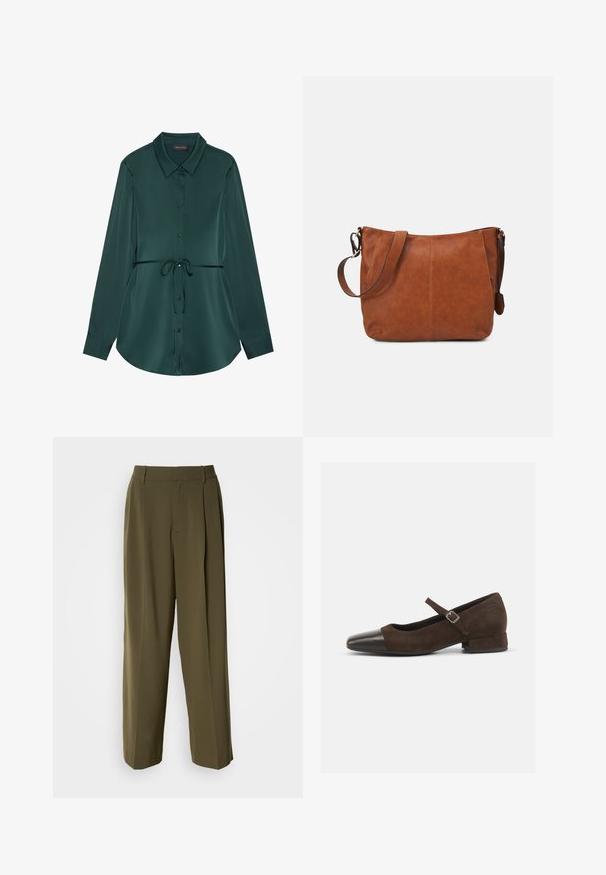 Camisa de manga larga en satén verde oscuro con cuello, cierre de botones, cintura con cordón ajustable y dobladillo curvado para un ajuste relajado.; Pantalones de pierna ancha verde oliva, confeccionados con una tela suave, que cuentan con una cintura alta, pliegues en la parte delantera y bolsillos laterales para mayor funcionalidad.; Zapato Mary Jane de ante marrón con una puntera de charol negro, correa ajustable y un tacón bajo. Textura suave con acentos mínimos.; Bolso de hombro de cuero marrón con forma curva, correa ajustable y detalles de costura mínimos, que cuenta con un interior espacioso.