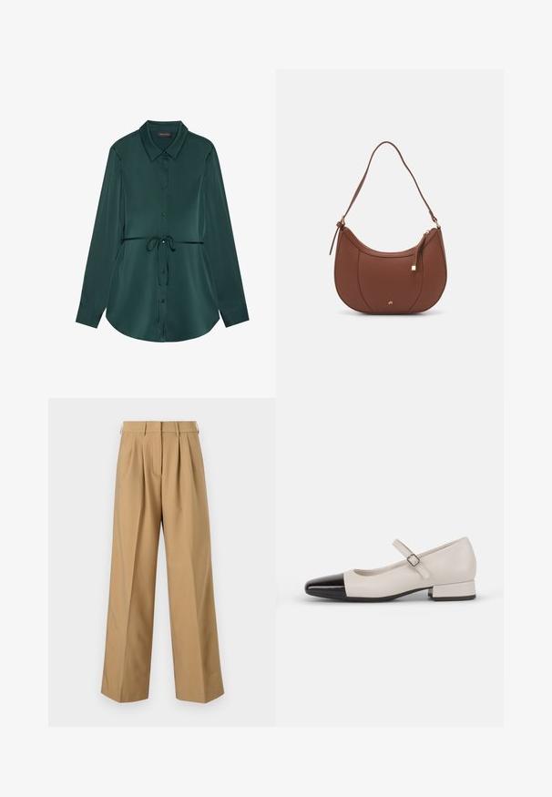 Camisa de manga larga en satén verde oscuro con cuello, cierre de botones, cintura con cordón ajustable y dobladillo curvado para un ajuste relajado.; Pantalones de algodón beige con una cintura alta, frente plisado, piernas anchas y una textura suave. Presenta una cinturilla estándar y pasadores para cinturón.; Zapato estilo Mary Jane en cuero crema con puntera de charol negro. Presenta una punta redonda, tirante en el tobillo con una hebilla cuadrada y un tacón bajo y cuadrado.; Bolso de hombro de imitación cuero marrón con forma curva, costura mínima y un acento de hardware en tono dorado. Presenta un cierre de cremallera en la parte superior y una correa ajustable.