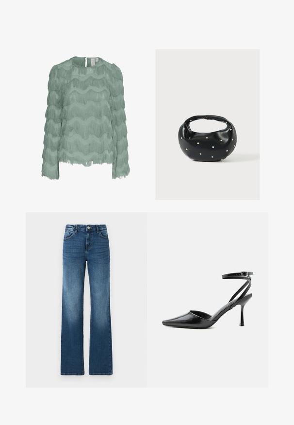 Blusa de manga larga verde menta con diseño de flecos horizontales en capas, tela texturizada, escote redondo y cierre con botones en la parte posterior.; Vaqueros de mezclilla azul con un diseño de pierna recta, cinco bolsillos, ligero desgastado, cierre de botón y detalles de costura en contraste.; Zapato de tacón alto negro de punta fina con delgadas correas en el tobillo y cierre de hebilla plateada sobre un fondo liso claro.; Bolso de mano de cuero negro con forma redondeada, decorado con detalles de tachuelas plateadas y un asa corta. Textura lisa y cierre con cremallera.
