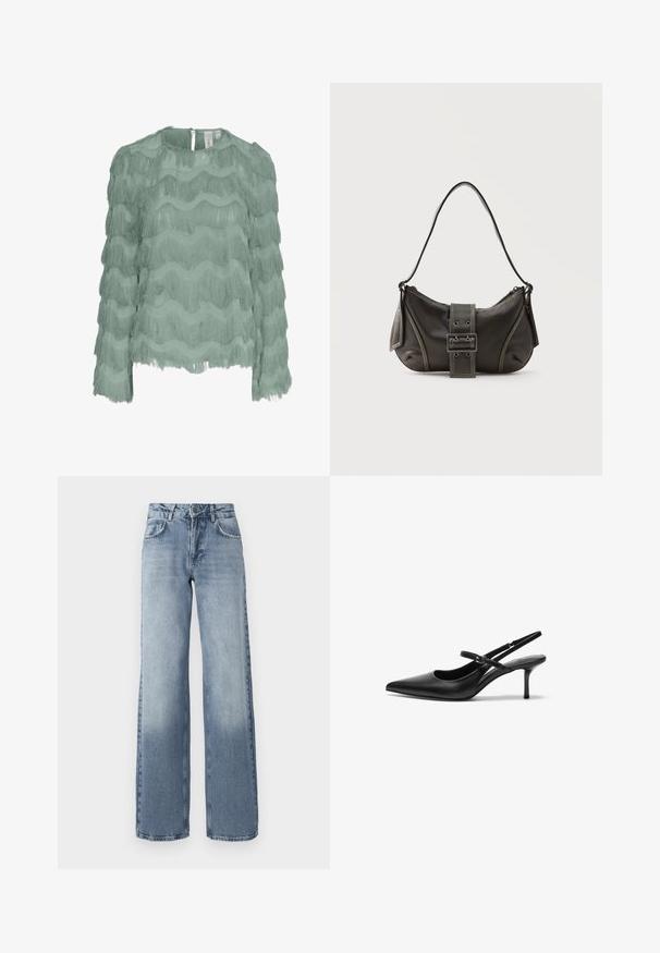 Blusa de manga larga verde menta con diseño de flecos horizontales en capas, tela texturizada, escote redondo y cierre con botones en la parte posterior.; Jeans de mezclilla azul de pierna ancha con un lavado claro, cierre de cremallera, diseño de cinco bolsillos y un ligero desgaste cerca de los tobillos.; Zapatos de tacón slingback de cuero negro con punta afilada, correa ajustable delgada y un tacón de aguja de aproximadamente 5 cm, textura suave.; Bolso de hombro de cuero negro con detalle de correa con hebilla, bordes curvos y costuras blancas en contraste sobre un fondo liso.
