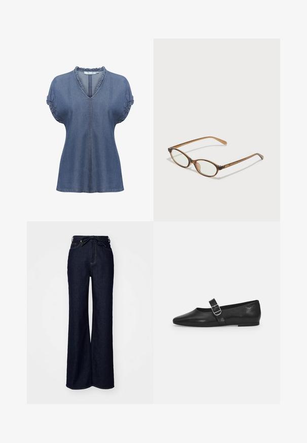 Denimbluse med V-hals, flæsekrave og pufærmer. Har kontrasterende syninger og en afslappet pasform i mellemmørkeblå.; Mørkeblå brede bukser lavet af denim, med høj talje, forlommer og en bindebåndslukning i taljen.; Sorte læder flade sko med rund tå, et enkelt justerbart spænde og en glat, blank overflade. Minimalistisk design med en lav hæl.; Brune skildpaddemønstrede briller med ovale linser, tynde arme og gennemsigtige accenter. Har et diskret logo på stangen. Slankt, let design.