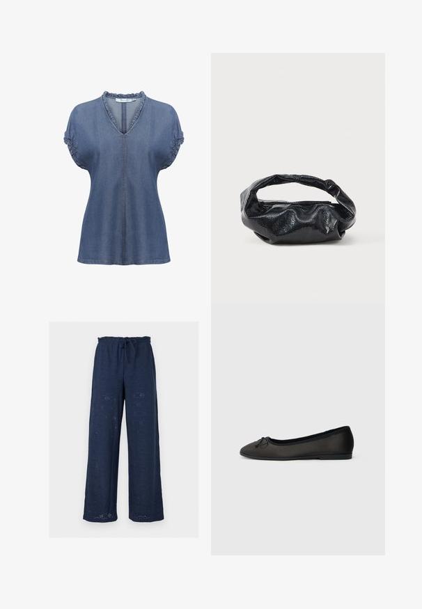 Džinsist blouse V-kaelusega, volangidega krae ja puhv-sleeved. Omab kontrastset õmblust ja vabamat lõiget, keskmises sinises toonis.; Tumesinised laia säärega püksid, elastse vöökohaga ja paelaga, millel on kogu kangas läbiva silmaauguga lillemasinaga tikand.; Mustad baleriinad, millel on sile, matt viimistlus, ümar nina ja esiküljel dekoratiivne lips. Omavad madalat, tasast kontsa.; Must have kõrge läikega struktuurse materjaliga must käekott, millel on ümmargune, keeratud sang ja tõmblukk. Omab pehmet, kortsulist disaini.