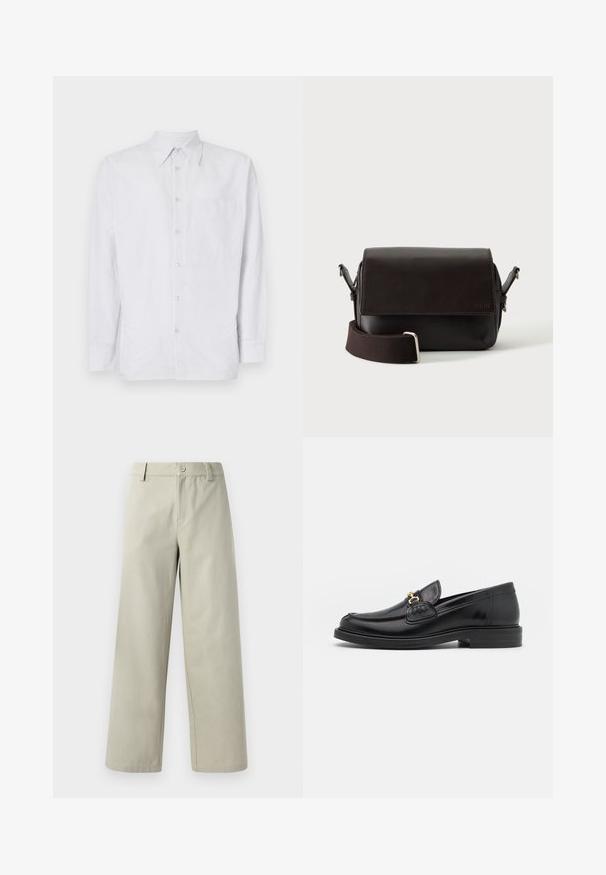 Camisa de botones a rayas hecha de tela ligera, con un bolsillo en el pecho, mangas largas y cuello en tonos azul claro y blanco.; Han Kjøbenhavn WIDE LEG - Pantalones - light grey; Mocasines de cuero negro con punta redondeada, que cuentan con un detalle de herrajes dorados y costuras, situados sobre una suela de goma texturizada y baja.; Bolso bandolera de cuero marrón oscuro con cierre de solapa y correa de tela ajustable sobre fondo blanco.