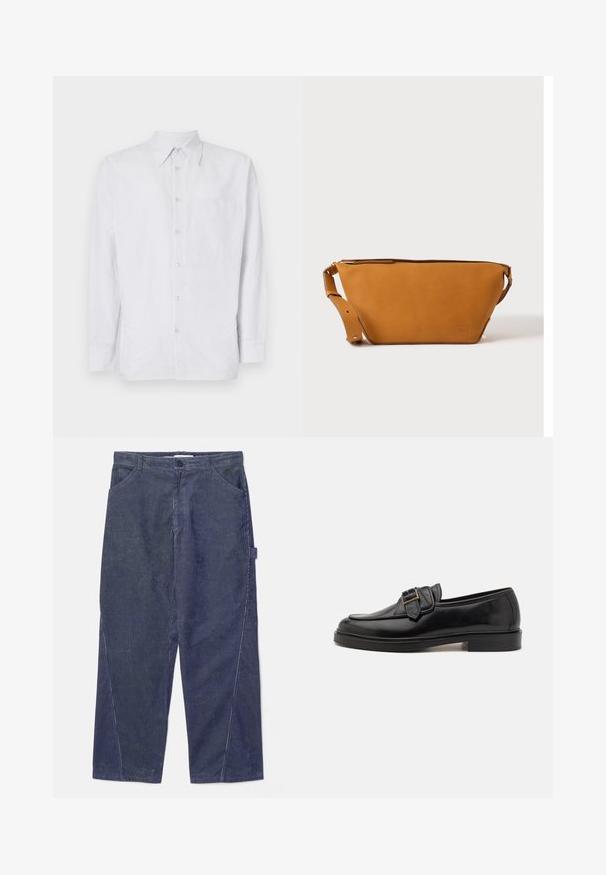 Camisa de botones a rayas hecha de tela ligera, con un bolsillo en el pecho, mangas largas y cuello en tonos azul claro y blanco.; WOOD WOOD WWWILSON TWISTED SEAM TROUSERS - Pantalones - envy green; Mocasines de cuero negro con punta redonda y un acento decorativo de hebilla. Tacón plano y sólido, con una textura suave en todo el zapato.; Bolso bandolera de cuero marrón claro con correa ajustable y cierre de cremallera, mostrado sobre un fondo claro y liso.