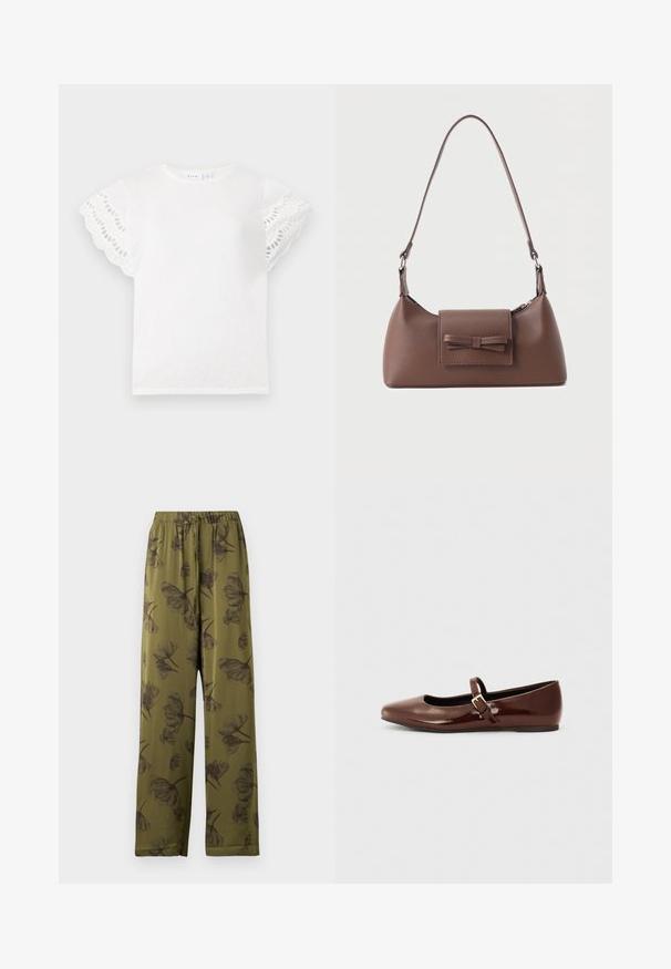 T-shirt blanc à manches courtes et festonnées avec découpes en œillets. Tissu doux, col rond et design simple sans embellissements supplémentaires.; Pantalons larges vert olive avec taille élastique et motif floral noir.; Ballerine en cuir verni marron avec un bout carré et une lanière ornée d'une petite boucle dorée. Texture lisse, talon bas et design minimaliste.; Sac à bandoulière en cuir marron avec une poche à rabat avant ornée d'un détail en forme de nœud cousu et une sangle réglable.