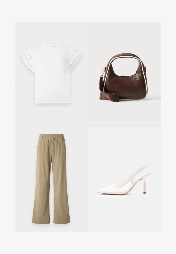T-shirt blanc à manches courtes et festonnées avec découpes en œillets. Tissu doux, col rond et design simple sans embellissements supplémentaires.; Pantalons larges en velours côtelé beige avec une taille élastique, présentant une texture à côtes verticales et une coupe loose. Idéaux pour un look décontracté.; Escarpin à talon haut et bride arrière à bout pointu blanc, avec une tige en résille de dentelle et un talon fin, sur un fond gris clair uni.; Sac à main en cuir tressé marron avec passepoil blanc, fermeture éclair dorée et bandoulière amovible en tissu marron.