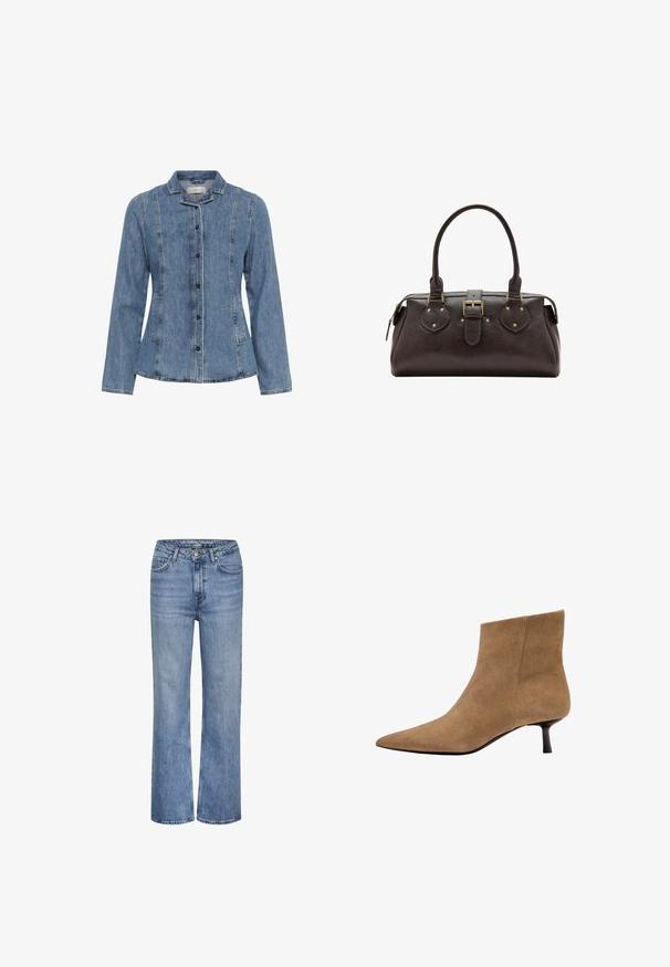 Veste longue en jean bleu à manches longues avec fermeture à boutons, deux poches latérales et un petit col, présentée sur un fond blanc.; Jean en denim bleu taille haute avec jambes droites, fermeture à bouton et zip à l'avant, et design à cinq poches.; Bottine en daim beige à bout pointu avec un petit talon kitten noir, coutures minimales et texture lisse.; Sac à main en cuir marron foncé avec deux poignées, une sangle centrale à boucle et des détails en métal doré.