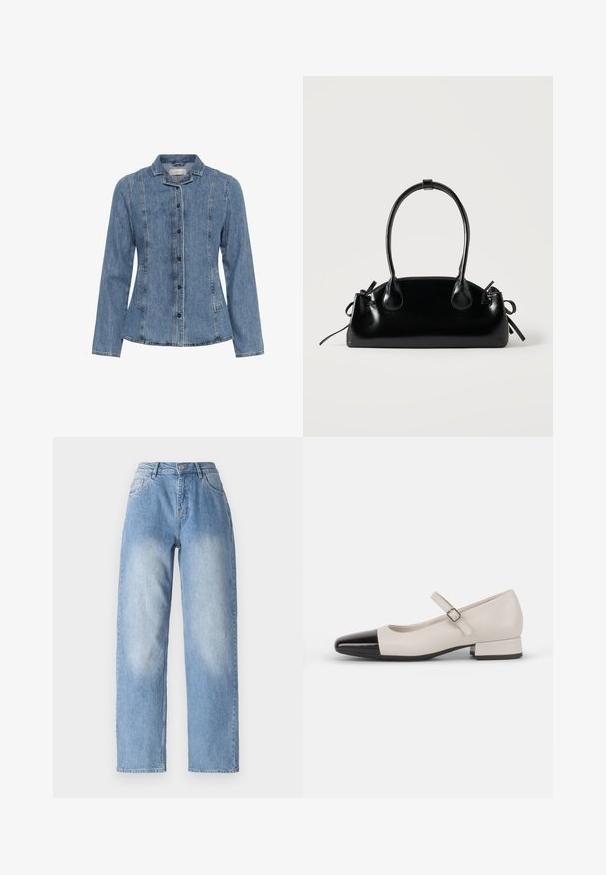 Veste longue en jean bleu à manches longues avec fermeture à boutons, deux poches latérales et un petit col, présentée sur un fond blanc.; Jean en denim bleu clair avec une taille haute, une silhouette droite et une légère décoloration sur le devant supérieur pour plus de texture.; Chaussure de style Mary Jane en cuir crème avec un bout en vernis noir. Présente un bout rond, une sangle de cheville avec une boucle carrée et un petit talon carré.; Petit sac à main noir brillant avec deux longues anses et des détails à cordon sur les côtés sur un fond clair uni.