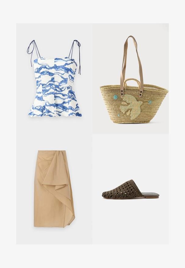 Hvid top med blåt bølgemønster, flagrende design og justerbare spaghetti-stropper. Har scallop-udskæring og struktureret stof.; Beige indpakningsnederdel i let vævning med en asymmetrisk drapering, der har et samlet taljebånd og en glat tekstur. Ingen synlige lukninger.; Brun vævet slip-on mule med flad sål og lukket rundet tå på hvid baggrund.; Vævet stråtaske med beige læder skulderstropper, dekoreret med en stor syet fugl og blå broderede accenter.