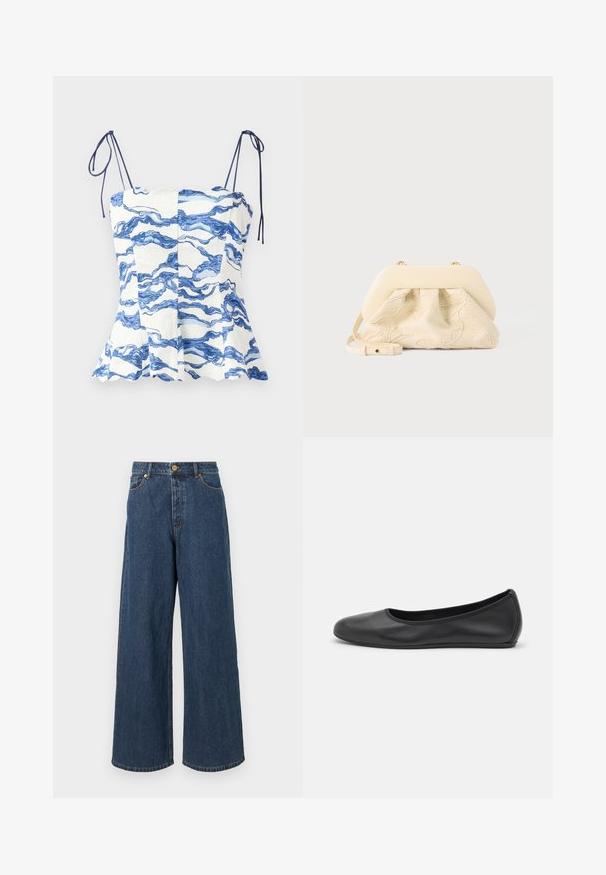 Hvid top med blåt bølgemønster, flagrende design og justerbare spaghetti-stropper. Har scallop-udskæring og struktureret stof.; Bredde denimjeans i mørkeblå med høj talje, frontlukning med knap og klassisk fem-lomme design med subtile syninger.; Sort læderballetsko med rund tå, glat tekstur, minimal syning og et fleksibelt såldesign.; Håndtaske i kremfarvet stof med blomsterbroderi, blød afrundet topramme og justerbar rem, lagt foran på en lysegrå baggrund.
