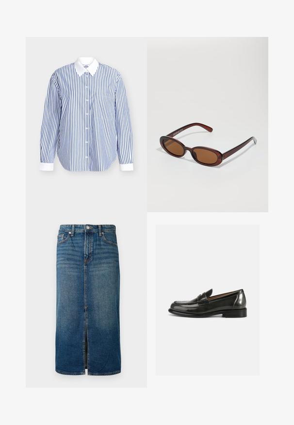 Camisa a rayas en algodón azul y blanco. Presenta un cierre frontal con botones, mangas largas y un cuello blanco. Incluye un bolsillo en el pecho.; Falda midi de mezclilla en azul oscuro con una abertura frontal, cinco bolsillos y costuras en contraste. Cuenta con un cierre de botón y cremallera en la cintura.; Mocasines de charol negro con un diseño estructurado, punta redondeada y detalles cosidos en la parte superior, con un tacón bajo apilado.; Gafas de sol redondas con tinte marrón y un marco burdeos brillante. Patillas delgadas con un sutil detalle de marca. Diseño de lentes planos.