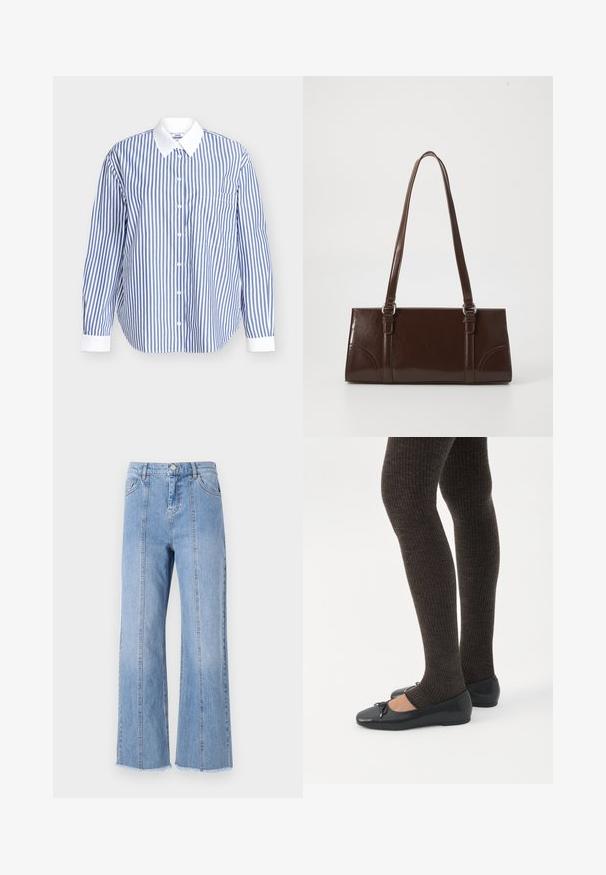 Camisa a rayas en algodón azul y blanco. Presenta un cierre frontal con botones, mangas largas y un cuello blanco. Incluye un bolsillo en el pecho.; Jeans de mezclilla de pierna ancha en un azul claro, con una cintura alta, costuras frontales y dobladillo sin rematar. Cuenta con un cierre clásico de botón y cremallera en la cintura.; Piernas con leggings oscuros acanalados combinados con bailarinas negras que presentan pequeños detalles de lazo sobre un fondo blanco.; Bolso de mano de piel sintética marrón con forma rectangular, dos asas largas y sutiles acentos curvados en la parte delantera.