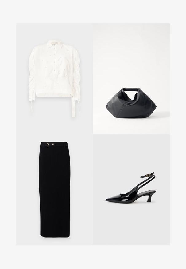 Chemisier blanc court en coton, avec un devant à boutons, des manches froncées et des détails décoratifs en perles.; AERON FORUM - Jupe crayon - black; Escarpins à brides arrière en cuir verni noir, à bout pointu, avec un petit talon carré et une sangle de cheville ajustable dotée d'une boucle dorée.; Sac en cuir noir avec un extérieur texturé, une forme froissée unique et une courte poignée. Dispose d'un seul compartiment principal.