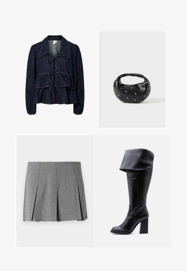 Dunkelblaue Jeansjacke mit einem Peplum-Silhouette, ausgestellten Ärmeln und vorderen Bändern. Auffällige Kontrastnähte und große Kragenverzierungen.; Grauer, plissierter Minirock aus strukturiertem Stoff, mit Karomuster und geradem Schnitt sowie seitlichen Schlitzen.; Hoher schwarzer Lederstiefel mit Absatz, umgeschlagenem Umschlag und abgerundetem Zehenbereich, steht aufrecht auf weißem Hintergrund.; Schwarze Lederhandtasche mit abgerundeter Form, verziert mit silbernen Nietenakzenten und kurzem Griff. Glatte Struktur und Reißverschlussverschluss.