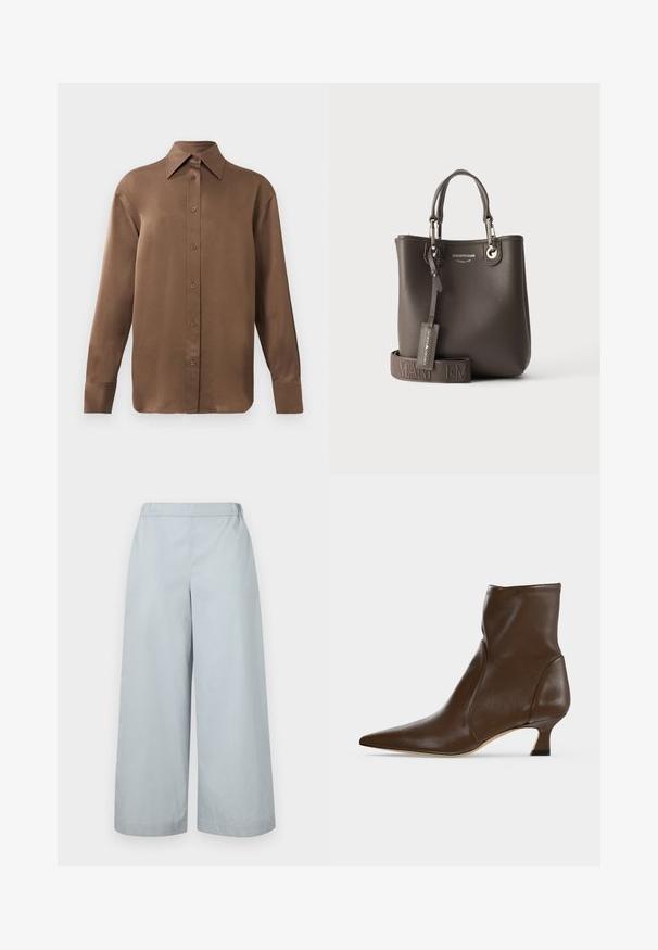 Camisa de botones de manga larga marrón con cuello y puños puntiagudos, exhibida sobre un fondo blanco liso.; MM by MaxMara ANTILLE - Pantalones - light blue; Botín de cuero marrón con punta puntiaguda y tacón bajo curvado sobre fondo claro.; Bolso tote de cuero texturizado marrón oscuro con dos asas, una correa con marca desmontable y una etiqueta colgante con el nombre de la marca en relieve.