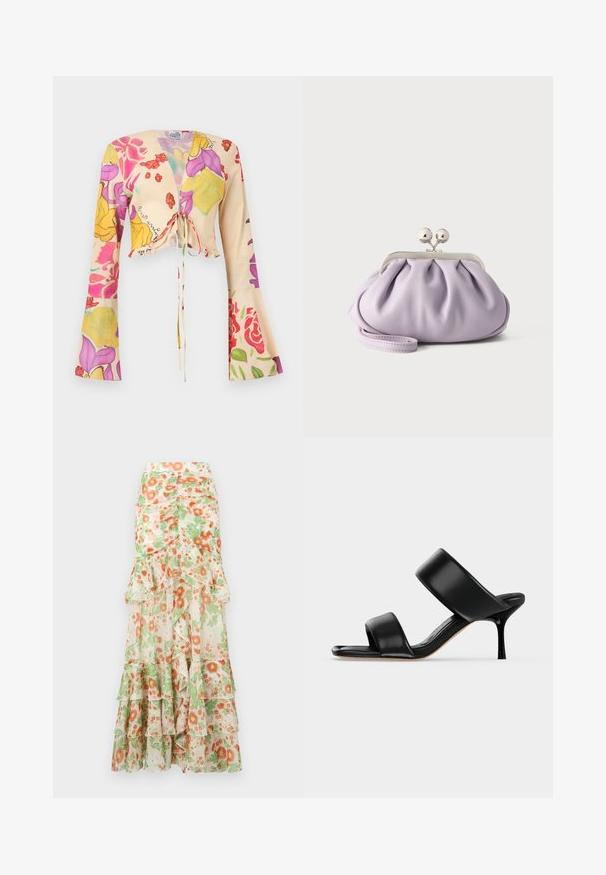 Blouse portefeuille à motif floral en tissu léger. Présente des manches longues évasées, des liens à la taille et des motifs floraux multicolores sur un fond crème.; Jupe maxi florale avec un fond crème, imprimé de fleurs orange et vertes, couches froncées et design de taille ajustée.; Sandale mule en cuir noir avec deux larges brides et un talon stiletto fin de hauteur moyenne sur un fond clair uni.; Pochette lavande douce avec tissu froncé, fermoir kiss-lock argenté et bracelet assorti sur un fond clair uni.