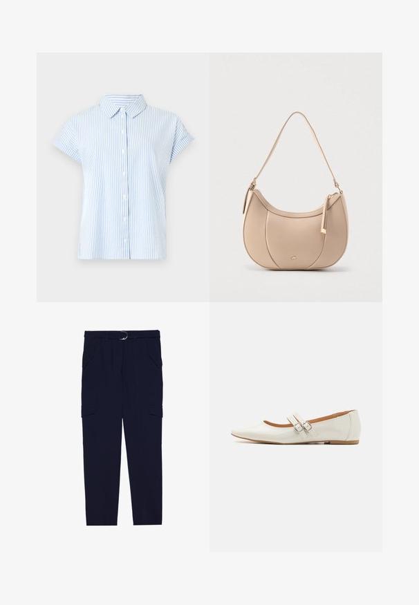 Camisa de manga corta abotonada en rayas azul claro y blanca. La tela tiene una textura suave; cuenta con un cuello clásico y un corte relajado.; Pantalones de carga navy con un cinturón que presenta un anillo plateado, cuatro bolsillos y un diseño de pierna tapered, fabricados en una suave tela texturizada.; Bailarinas de charol blanco con punta afilada, dos tiras decorativas con hebillas plateadas y una plantilla sutilmente marrón.; Bolso de hombro de cuero beige con forma de media luna, cierre superior con cremallera y correa desmontable. Cuenta con herrajes en tono dorado y detalles de costuras.