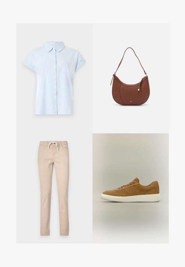 Kortærmet skjorte med knapper i lyseblå og hvide striber. Stoffet har en glat tekstur; har en klassisk krave og en afslappet pasform.; Beige stribede bomuldsbukser med elastisk talje, tapered ben og to forlommer. Glat tekstur, afslappet design.; Brun lædersneaker med brune snørebånd og en tyk hvid gummisål på en neutral baggrund.; Brun faux læder skuldertaske med buet form, minimal syning og en guldtonet hardwaredetalje. Har en top lynlåslukning og justerbar rem.