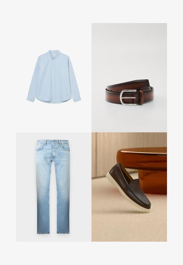 Lichtblauwe lange mouwen overhemd met knoopsluiting en een puntige kraag, enkel borstlogo en afgeronde zoom. Gemaakt van gladde stof met een effen textuur.; Lichtblauwe, vervaagde rechtlopende jeans met klassieke vijfzakkenontwerp en knoopsluiting, getoond op een effen achtergrond.; Donkerbruine leren loafer met een gestructureerd bovenwerk en een witte zool, gepositioneerd op een beige tapijt naast een glanzende bruine ronde tafel.; Bruine leren riem met een gepolijste zilveren metalen gesp, met een gladde textuur en meerdere verstelgaten langs de band.