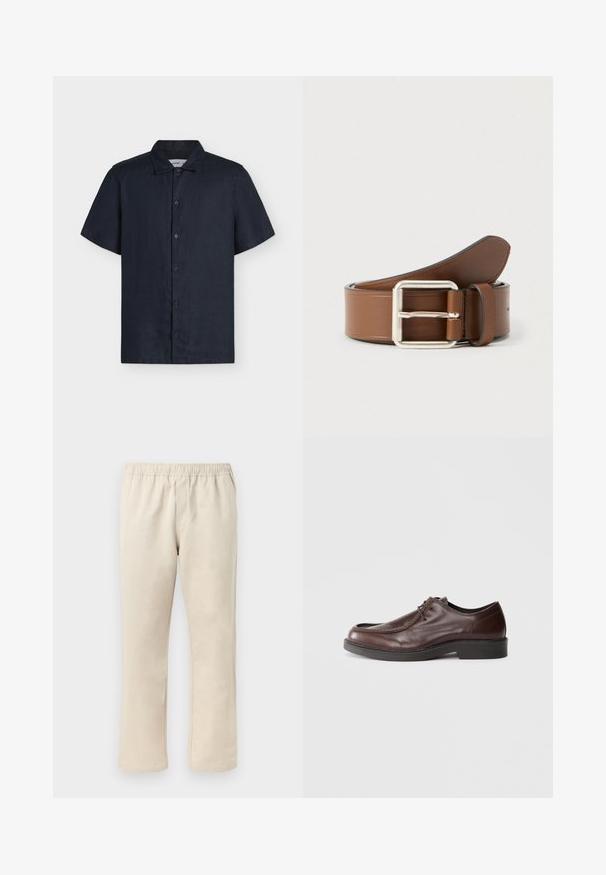 Chemise noire à manches courtes avec boutons et col classique, présentée sur un fond clair uni.; Pantalon beige à jambe droite avec taille élastique, devant plat et sans poches visibles sur un fond clair.; Chaussure habillée en cuir marron avec un bout arrondi, des accents de couture minimum, et une semelle noire robuste. Présente un système de laçage et une texture lisse.; Ceinture en cuir marron avec une boucle rectangulaire argentée, présentant une texture lisse et une extrémité légèrement effilée.