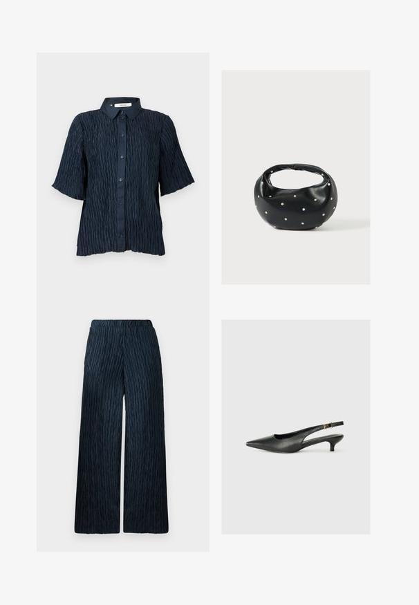 Marineblauwe korte mouwen shirt met een gestructureerd, gekreukeld oppervlak, voorzien van een knoopsluiting aan de voorkant en een klassieke kraag.; Wijdvallende broek in donkerblauw met een gestructureerde, gekreukte stof. Voorzien van een elastische tailleband voor comfort en een gladde afwerking.; Zwarte puntschoen met slingback van soepel leer. Kenmerkt zich door een dunne hak en een gespdetail op de verstelbare band.; Zwarte leren handtas met een afgeronde vorm, versierd met zilveren studs, en een korte handgreep. Gladde textuur en ritsluiting.