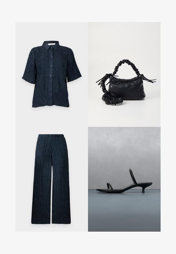 Camisa de manga corta en azul marino con una superficie texturizada y arrugada, que presenta un cierre frontal de botones y un cuello clásico.; Pantalones de pierna ancha en azul marino oscuro con tejido texturizado y arrugado. Presentan una cinturilla elástica para mayor comodidad y una superficie suave.; Sandalia de tacón negra Calvin Klein con tiras finas, equilibrada sobre baldosas de madera al aire libre cerca de una pared y vegetación.; Bolso de mano de imitación cuero negro con textura de cocodrilo, parte superior fruncida y correa arrugada. Presenta un diseño suave y compacto.