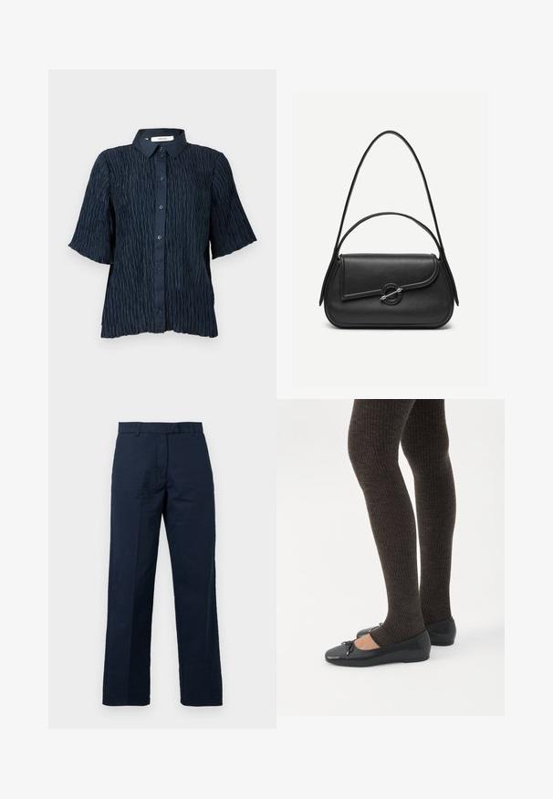 Camisa de manga corta en azul marino con una superficie texturizada y arrugada, que presenta un cierre frontal de botones y un cuello clásico.; Pantalones de algodón azul marino con corte recto, frente plano y trabillas para cinturón; presentan una textura suave y detalles de pliegue prensa.; Piernas con leggings oscuros acanalados combinados con bailarinas negras que presentan pequeños detalles de lazo sobre un fondo blanco.; Bolso de cuero negro con bordes redondeados, solapa asimétrica, cierre circular de metal y correas de hombro cortas y largas.