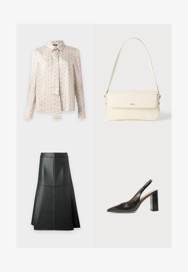 Chemise à manches longues en tissu crème avec des rayures verticales et un motif répété subtil en beige. Présente un col et un devant boutonné.; Jupe trapèze en cuir noir, texture lisse, longueur mi-mollet, avec des détails de couture horizontale à la taille et aux coutures pour un maintien supplémentaire.; Chaussure slingback en cuir noir à bout pointu avec un talon bloc haut et une doublure intérieure beige sur un fond clair uni.; Sac à bandoulière en cuir couleur crème avec fermeture à rabat, quincaillerie argentée, une bandoulière réglable et un logo discret.