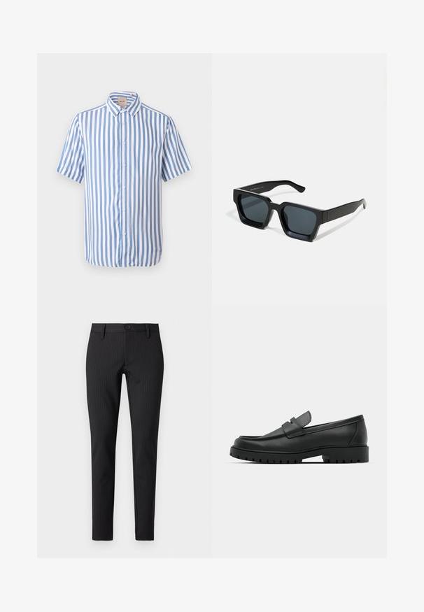 Chemise à manches courtes boutonnée avec des rayures verticales bleues et blanches et un col pointu, présentée sur un fond clair uni.; Pantalons à rayures noires avec une coupe plate, ajustée, dotés d'une fermeture boutonnée et de passants de ceinture, fabriqués dans un matériau textile lisse.; Mocassins en cuir noir à bout arrondi, avec un design cousu, une semelle plateforme basse et une semelle en caoutchouc texturée et crantée.; Lunettes de soleil rectangulaires noires avec des verres foncés. Monture en plastique épaisse et lisse avec une finition légèrement brillante et des branches droites.