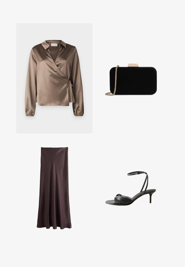 Braune Satin-Wickelbluse mit langen Ärmeln, Kragen und einem seitlichen Bindedetail. Glatte Textur mit leichtem Glanz, präsentiert sich mit einem V-Ausschnitt.; Brauner, satinhafter Maxirock mit glatter Textur, ausgestelltem Schnitt und durchgehender Linie vom Bund bis zum Saum. Keine sichtbaren Muster oder Beschläge.; Schwarze Leder-Sandalette mit Absatz, mit verknoteten Riemen über den Zehen und einem dünnen Knöchelriemen mit Schnallverschluss.; Schwarze Samt-Clutch mit goldfarbener Hardware, rechteckiger Form und Kettenriemen, mit glatter Textur und ohne sichtbare Muster.