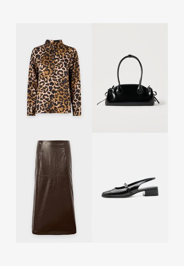Chemise à manches longues avec un motif léopard brun et noir et un col classique sur fond clair.; Jupe en cuir brun avec une texture lisse, une silhouette droite et un subtil éclat. Présente une coupe au genou et des détails de couture minimalistes.; Chaussure slingback en cuir verni noir avec un petit talon bloc et une fine bride avec une boucle argentée sur le dessus.; Petit sac à main noir brillant avec deux longues anses et des détails à cordon sur les côtés sur un fond clair uni.