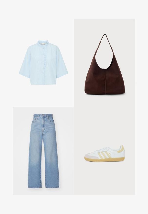 Hellblaues Kurzarm-Hemd mit Knopfleiste, versehen mit vertikalen weißen Streifen und einer Rüsche entlang der Knopfleiste. Aus Baumwollmaterial.; Hellblaue High-Waist-Weite-Leg-Jeans mit Knopf- und Reißverschluss vorne, Vorder- und Rückentaschen, auf weißem Hintergrund.; Weißer Adidas Samba Sneaker mit beigen Wildleder-Akzenten, drei strukturierten Streifen und Gummisohle, von der Seite auf weißem Hintergrund gezeigt.; Braune Wildleder-Hobo-Tasche mit einer großen, geschwungenen Öffnung und einem breiten Schulterriemen. Sie verfügt über eine mittige Naht auf der Vorderseite. Glatte Textur.